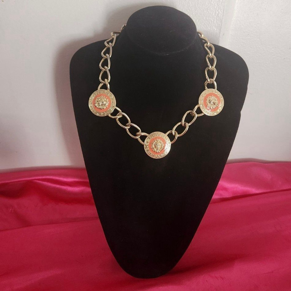 Leo The Lion Triple Lion Coral Gold Tone Necklace